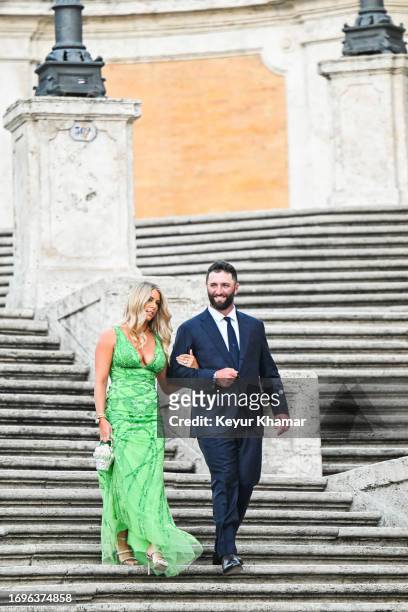 Jon Rahm of Team Europe and wife Kelley Cahill arrive for a photo call on the Spanish Steps prior to a gala for the 2023 Ryder Cup being held nearby...