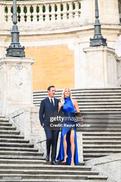 Team Europe Vice Captain Nicolas Colsaerts and his wife Rachel Smith arrive for a photo call on the Spanish Steps prior to a gala for the 2023 Ryder...