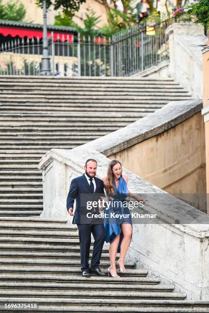 Tyrrell Hatton of Team Europe and wife Emily Braisher arrive for a photo call on the Spanish Steps prior to a gala for the 2023 Ryder Cup being held...