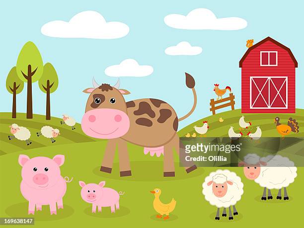 little farm - cow and sheep stock illustrations