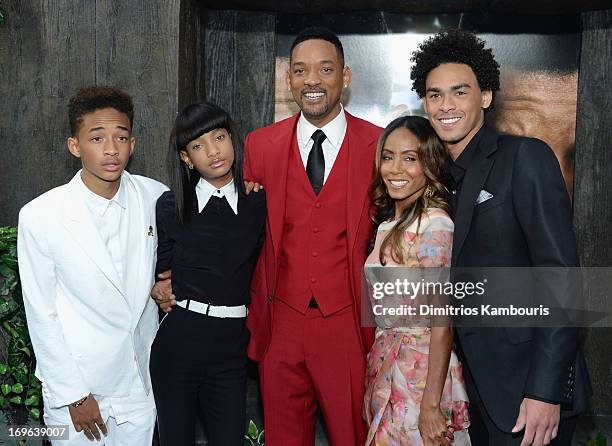 Jaden Smith, Willow Smith, Will Smith, Jada Pinkett Smith and Trey Smith attend the "After Earth" premiere at Ziegfeld Theater on May 29, 2013 in New...