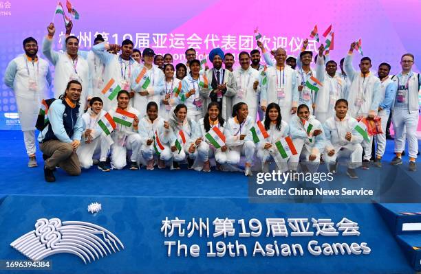 Athletes of Team India attend a welcome ceremony at the athletes' village ahead of the 19th Asian Games on September 22, 2023 in Hangzhou, Zhejiang...