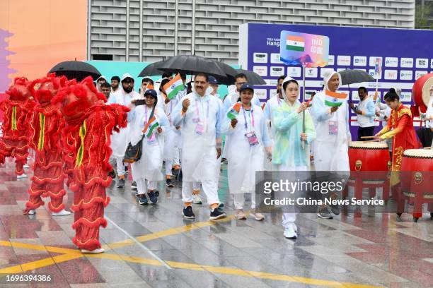 Athletes of Team India attend a welcome ceremony at the athletes' village ahead of the 19th Asian Games on September 22, 2023 in Hangzhou, Zhejiang...
