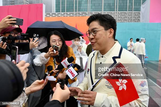 Kenneth Fok Kai-kong of Team Hong Kong attends a welcome ceremony at the athletes' village ahead of the 19th Asian Games on September 22, 2023 in...