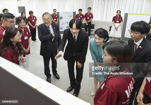 Crown Prince Fumihito, Crown Prince Akishino and Crown Princess Kiko of Akishino visit Vietnam Japan University on September 22, 2023 in Hanoi,...