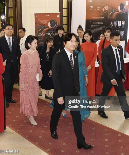 Crown Prince Fumihito, Crown Prince Akishino and Crown Princess Kiko of Akishino attend the reception of an opera marking the 50th anniversary of the...