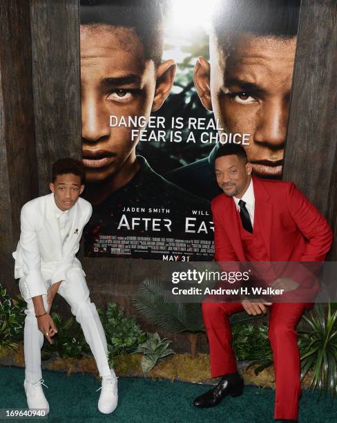 Actors Jaden Smith and Will Smith attend the "After Earth" premiere at Ziegfeld Theater on May 29, 2013 in New York City.