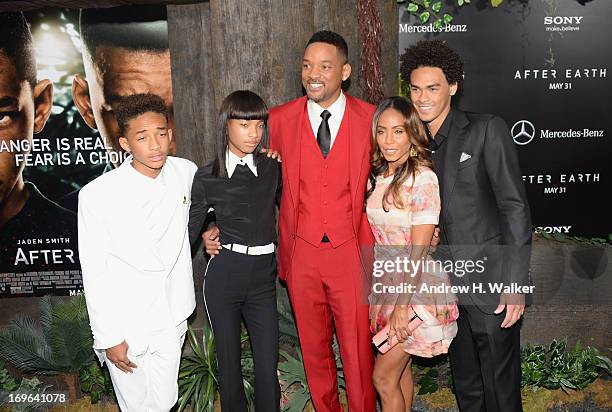 Jaden Smith, Willow Smith, Will Smith, Jada Pinkett Smith and Trey Smith attend the "After Earth" premiere at Ziegfeld Theater on May 29, 2013 in New...