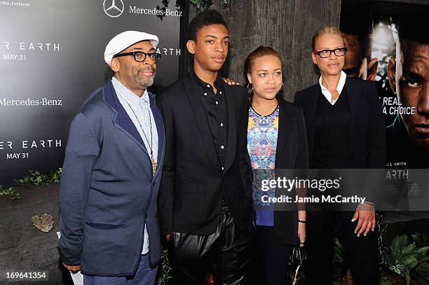 Spike Lee, Jackson Lee, Satchel Lee and Tonya Lewis Lee attend Columbia Pictures and Mercedes-Benz Present the US Red Carpet Premiere of AFTER EARTH...