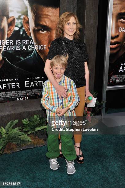 Actress Edie Falco and son Anderson Falco attend the "After Earth" premiere at the Ziegfeld Theater on May 29, 2013 in New York City.
