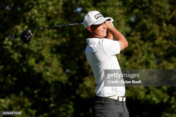 William Mouw of the United States plays a shot from the 12th tee during the second round of the Nationwide Children's Hospital Championship at Ohio...