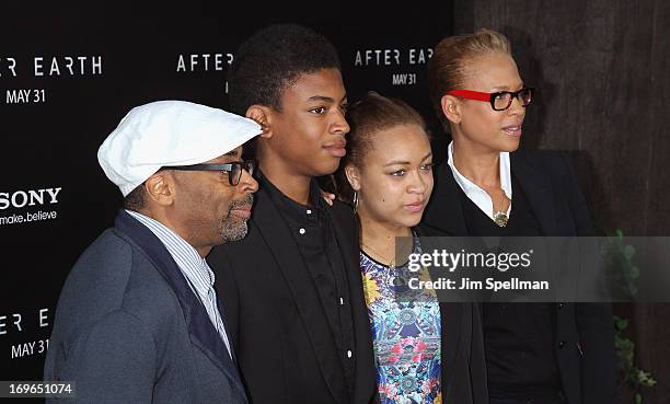 Spike Lee, Jackson Lee, Satchel Lee and Tonya Lewis Lee attend the "After Earth" premiere at the Ziegfeld Theater on May 29, 2013 in New York City.