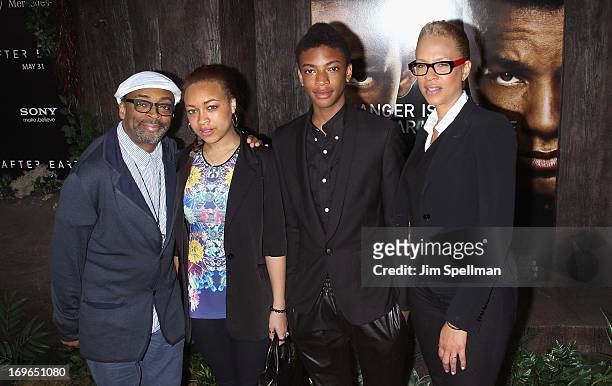 Spike Lee, Jackson Lee, Satchel Lee and Tonya Lewis Lee attend the "After Earth" premiere at the Ziegfeld Theater on May 29, 2013 in New York City.