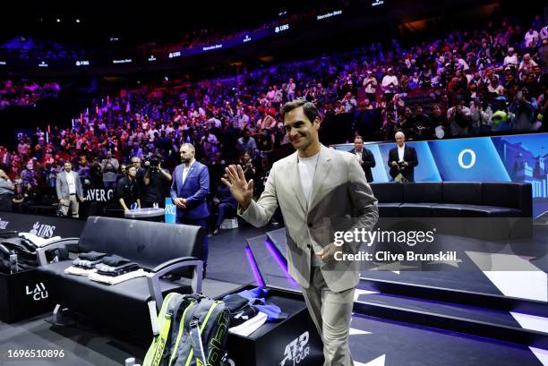 Former ATP player Roger Federer on court for the coin toss prior to a match during day one of the Laver Cup at Rogers Arena on September 22, 2023 in...