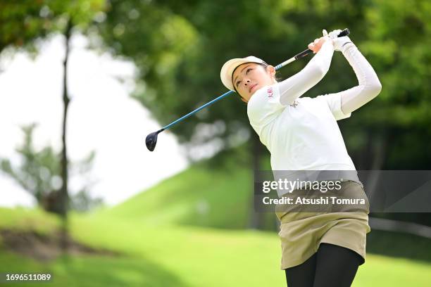 Rie Tsuji of Japan hits her tee shot on the 4th hole during the second round of 50th Miyagi TV Cup Dunlop Ladies Open Golf Tournament at Rifu Golf...