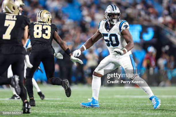 Justin Houston of the Carolina Panthers defends in coverage during an NFL football game against the New Orleans Saints at Bank of America Stadium on...