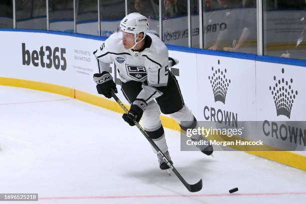 Andreas Englund of the LA Kings moves the puck during the NHL Global Series match between Arizona Coyotes and Los Angeles Kings at Rod Laver Arena on...
