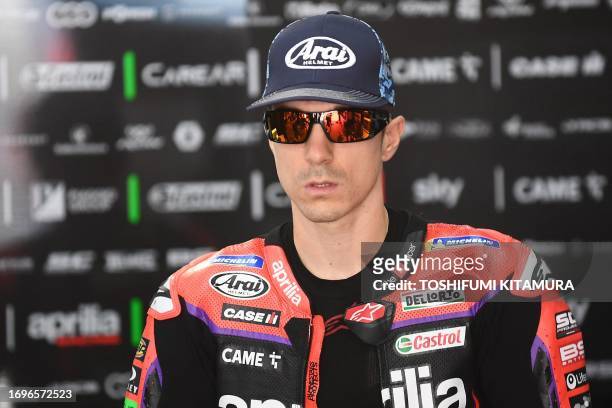 Aprilia Racing rider Maverick Vinales of Spain prepares for the MotoGP class free practice session of the Japanese MotoGP Grand Prix at the Mobility...
