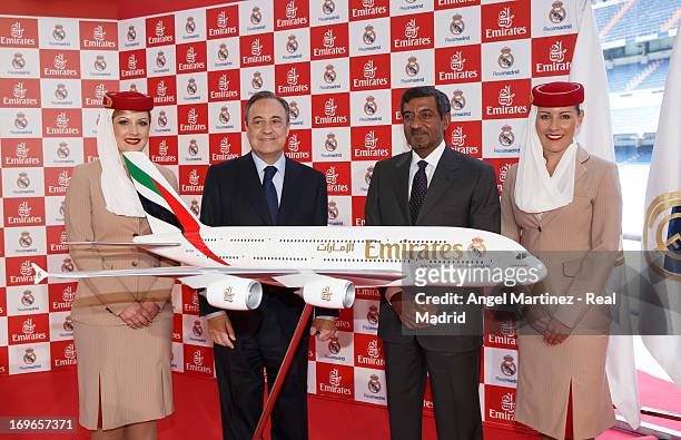 Florentino Perez , president of Real Madrid and Sheikh Ahmed bin Saeed Al Maktoum, Chairman of Emirates Airline, attend a press conference during a...