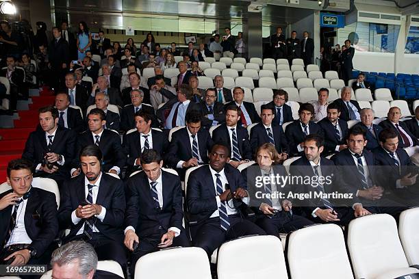 Real Madrid players attend a press conference during a presentation to announce Emirates as the new sponsor for the 2013/14 season at Estadio...