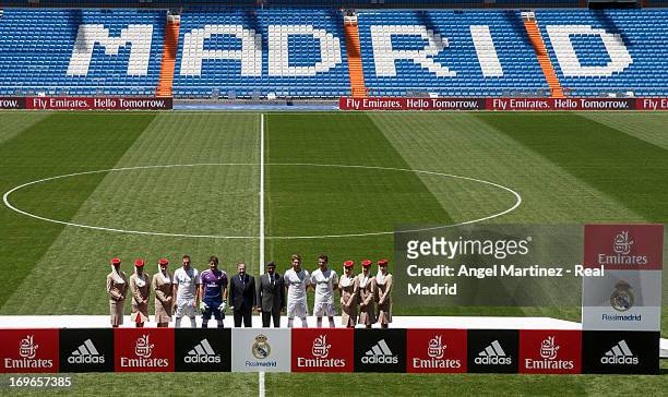 Real Madrid players, president Florentino Perez and Sheikh Ahmed bin Saeed Al Maktoum, Chairman of Emirates Airline, attend a press conference during...