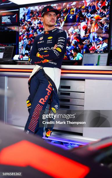 Max Verstappen of the Netherlands and Oracle Red Bull Racing prepares to drive in the garage during qualifying ahead of the F1 Grand Prix of Japan at...