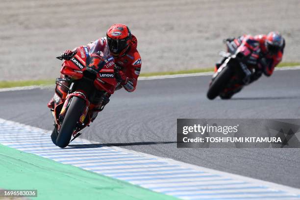 Ducati Lenovo Team rider Francesco Bagnaia of Italy rides his motorcycle during the MotoGP class free practice session of the Japanese MotoGP Grand...