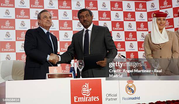 Florentino Perez , president of Real Madrid and Sheikh Ahmed bin Saeed Al Maktoum, Chairman of Emirates Airline, attend a press conference during a...