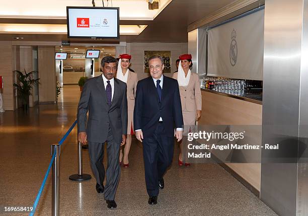 Florentino Perez , president of Real Madrid and Sheikh Ahmed bin Saeed Al Maktoum, Chairman of Emirates Airline, attend a press conference during a...