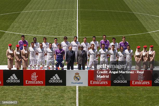 Real Madrid players, president Florentino Perez and Sheikh Ahmed bin Saeed Al Maktoum, Chairman of Emirates Airline, attend a press conference during...