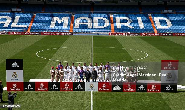 Real Madrid players, president Florentino Perez and Sheikh Ahmed bin Saeed Al Maktoum, Chairman of Emirates Airline, attend a press conference during...