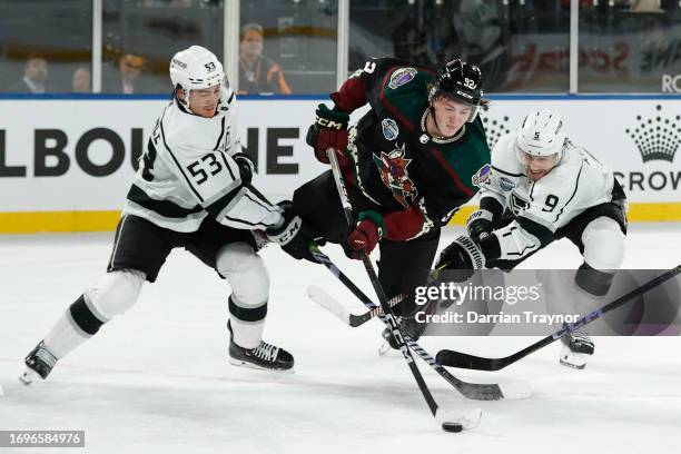 Logan Cooley of the Arizona Coyotes scores during the NHL Global Series match between Arizona Coyotes and Los Angeles Kings at Rod Laver Arena on...