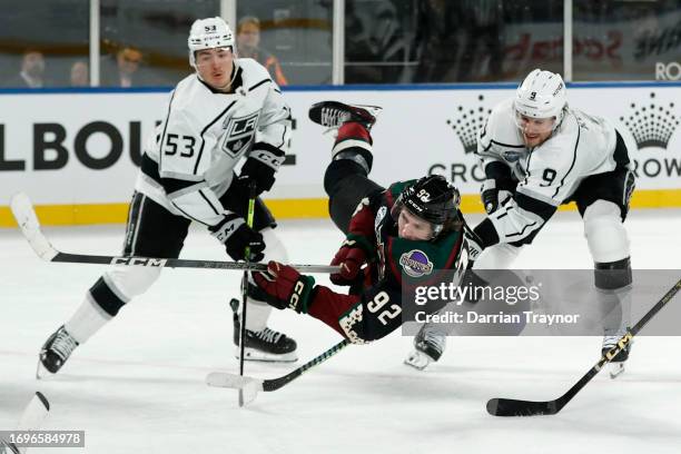 Logan Cooley of the Arizona Coyotes scores during the NHL Global Series match between Arizona Coyotes and Los Angeles Kings at Rod Laver Arena on...