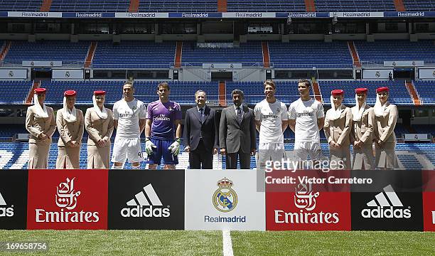 Real Madrid players, president Florentino Perez and Sheikh Ahmed bin Saeed Al Maktoum, Chairman of Emirates Airline, attend a press conference for...