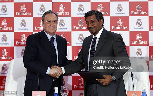 Florentino Perez , president of Real Madrid and Sheikh Ahmed bin Saeed Al Maktoum, Chairman of Emirates Airline, attend a press conference for the...