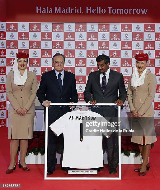 Florentino Perez , president of Real Madrid and Sheikh Ahmed bin Saeed Al Maktoum, Chairman of Emirates Airline, attend a press conference for the...