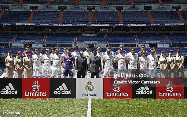 Real Madrid players, president Florentino Perez and Sheikh Ahmed bin Saeed Al Maktoum, Chairman of Emirates Airline, attend a press conference for...