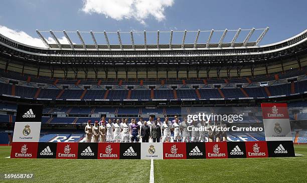 Real Madrid players, president Florentino Perez and Sheikh Ahmed bin Saeed Al Maktoum, Chairman of Emirates Airline, attend a press conference for...