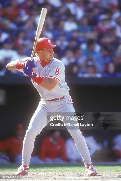 Todd Pratt of the Philadephia Phillies prepares for a pitch during an exhibition baseball game against the Baltimore Orioles on April 1, 1994 at...