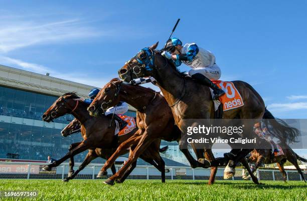 John Allen riding Steparty defeats Harry Coffey riding Southport Tycoon and Ben Allen riding Scentify in Race 7, the Neds Caulfield Guineas Prelude...