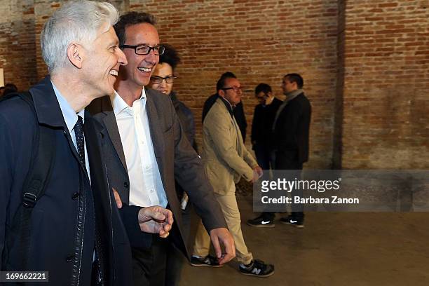 Italian Minister Massimo Bray and curator of Italian pavilion Bartolomeo Pietromarchi attend the official opening of Italia Pavilion during the...