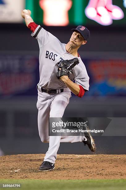 Clayton Mortensen of the Boston Red Sox pitches against the Minnesota Twins on May 18, 2013 at Target Field in Minneapolis, Minnesota. The Red Sox...