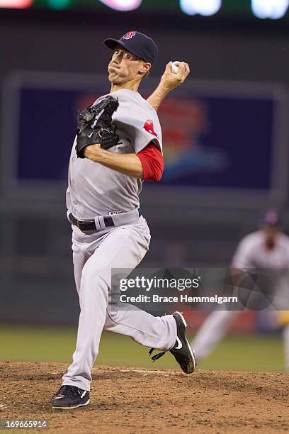 Clayton Mortensen of the Boston Red Sox pitches against the Minnesota Twins on May 18, 2013 at Target Field in Minneapolis, Minnesota. The Red Sox...