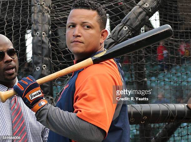 Miguel Cabrera of the Detroit Tigers during batting practice before the start of the game against the Texas Rangers at Rangers Ballpark on May 17,...