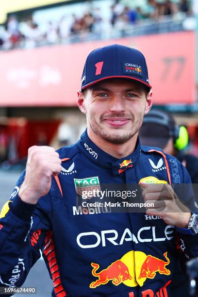 Pole position qualifier Max Verstappen of the Netherlands and Oracle Red Bull Racing celebrates in parc ferme during qualifying ahead of the F1 Grand...