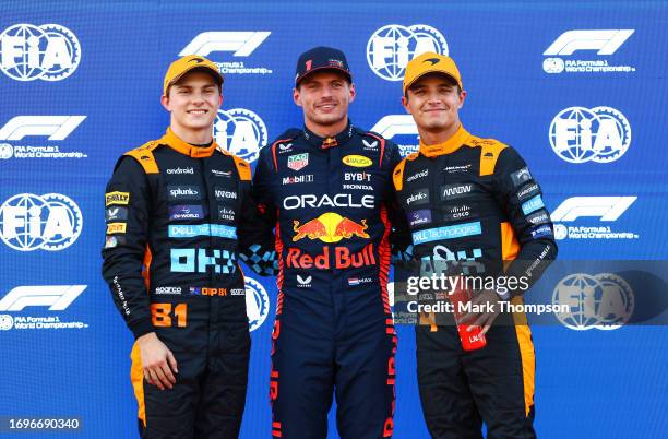 Pole position qualifier Max Verstappen of the Netherlands and Oracle Red Bull Racing, Second placed qualifier Oscar Piastri of Australia and McLaren...