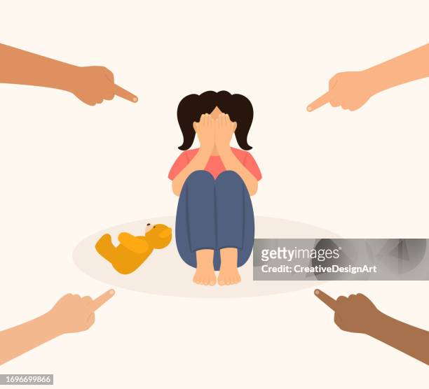 stockillustraties, clipart, cartoons en iconen met sad lonely child surrounded by hands with index fingers pointing at her. little girl crying and covering her face with her hands. bullying, loneliness, insecurity and victim blaming concept - teleurstelling