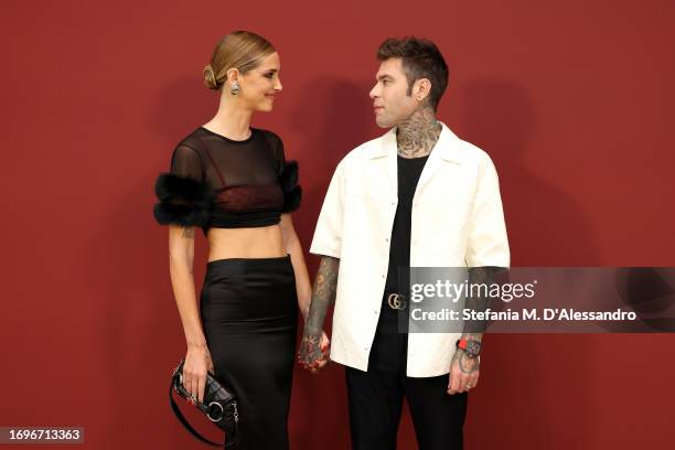 Chiara Ferragni and Fedez are seen at Gucci Ancora during Milan Fashion week on September 22, 2023 in Milan, Italy.