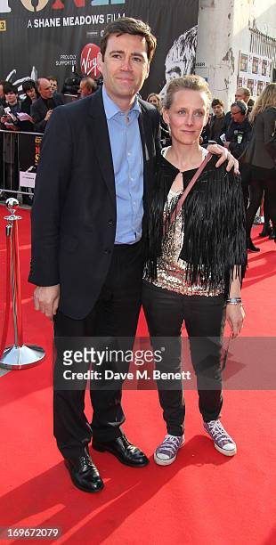 Andy Burnham MP and wife Marie-France van Heel attend the world premiere of 'Stone Roses: Made Of Stone' at Victoria Warehouse on May 30, 2013 in...