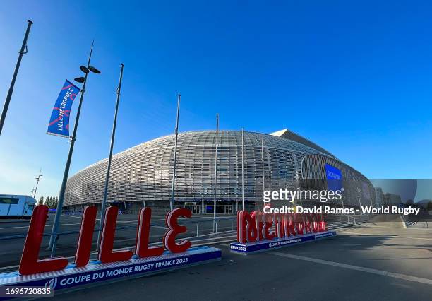 General view of the outside of the stadiumprior to the Rugby World Cup France 2023 match between England and Chile at Stade Pierre Mauroy on...